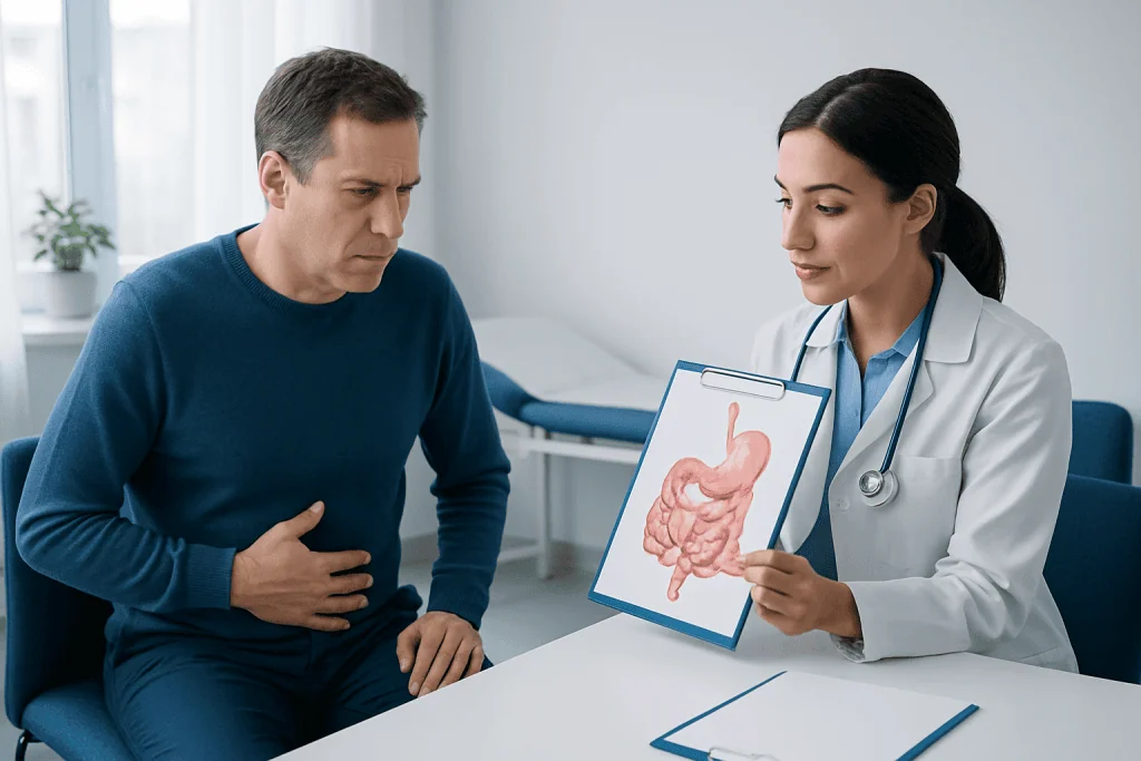 Doctor explaining stomach diagram to patient in consultation room.