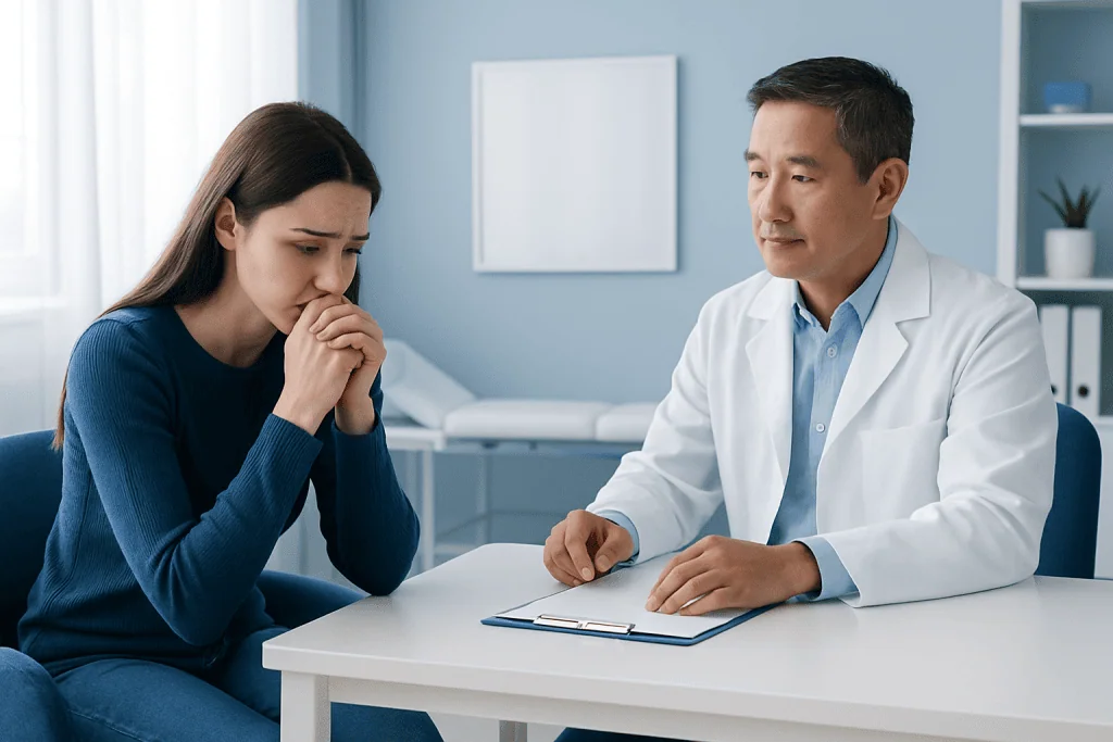 Patient in consultation with doctor discussing health concerns in a medical office.