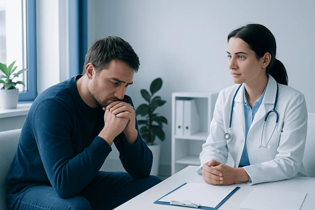 Doctor consulting with a patient about mental health concerns in a clinical setting.