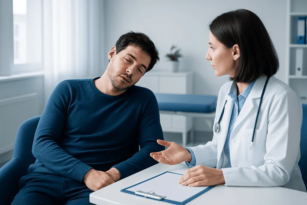 Patient consulting with doctor in a medical office setting.