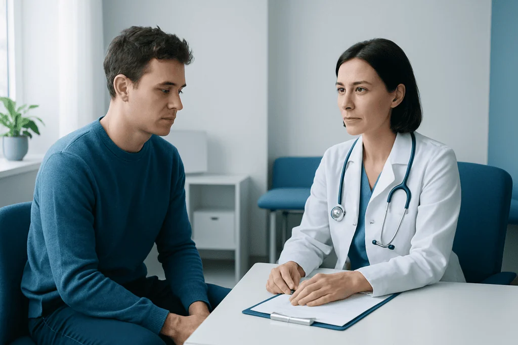 Doctor consulting with a young male patient in a medical office.