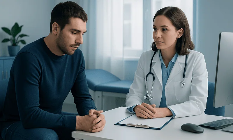 Doctor consulting with male patient in a medical office setting.