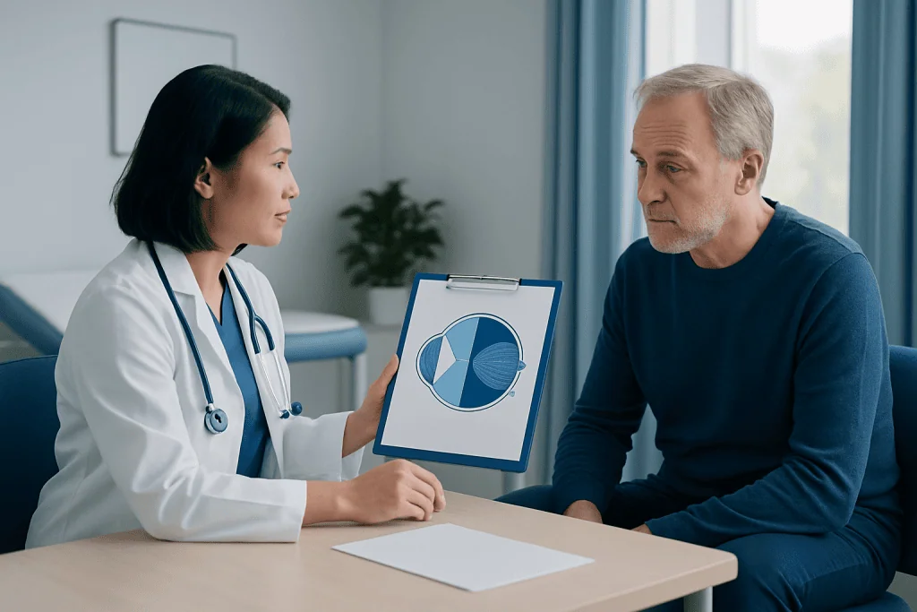 Doctor explaining eye health to an older male patient with a pie chart.
