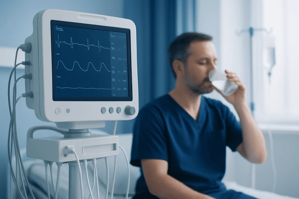 Patient drinking water in hospital room with medical monitor nearby.