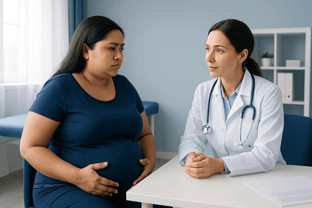Doctor consulting pregnant woman in a medical office.