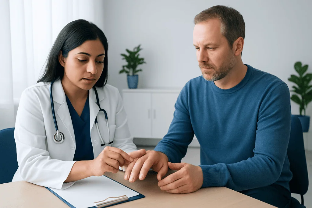 Doctor examining patient's finger for clubbing symptoms.