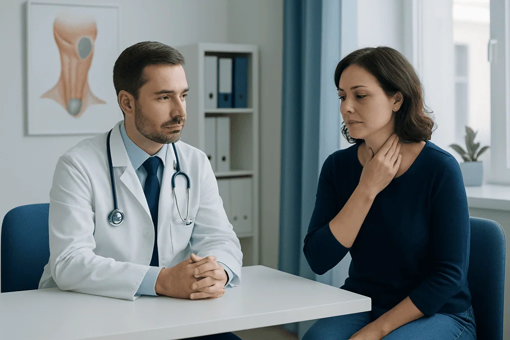 Doctor consulting with a patient about thyroid nodules in a medical office.