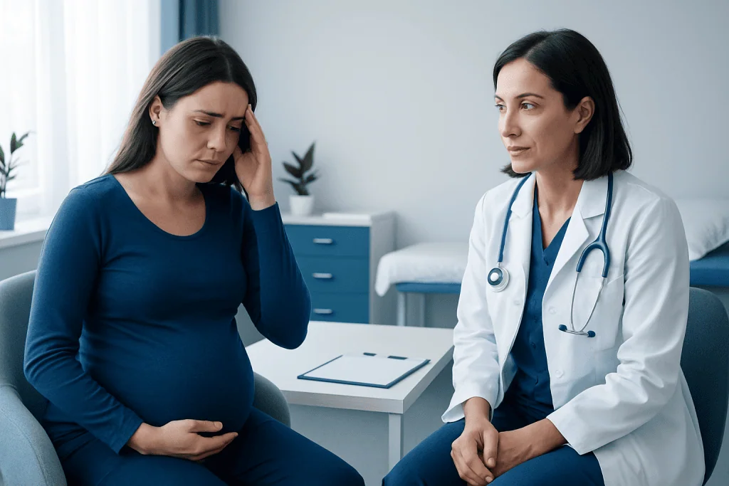 Pregnant woman consulting with a doctor about pregnancy insomnia symptoms.