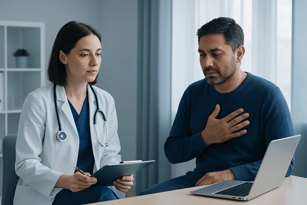 Doctor consulting with patient about Pulsus Paradoxus diagnosis.