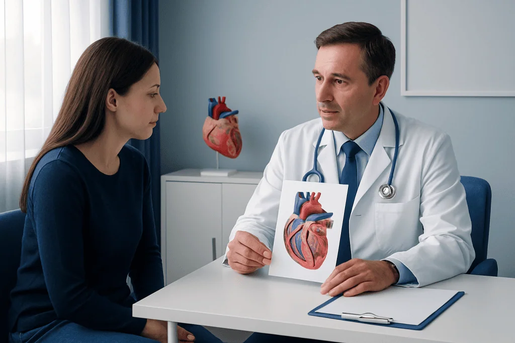 Cardiologist explaining heart anatomy to a patient with a model of the heart.