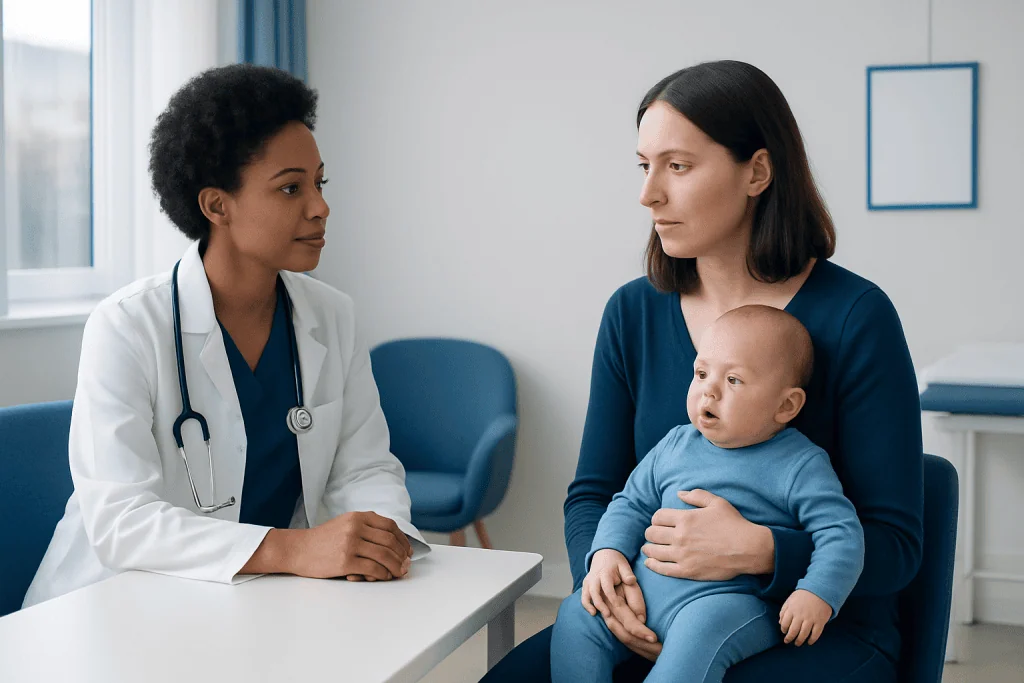Doctor consulting with mother and baby in a hospital setting.