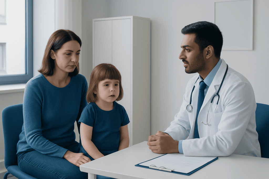 Doctor consulting with young girl and mother in a medical office.