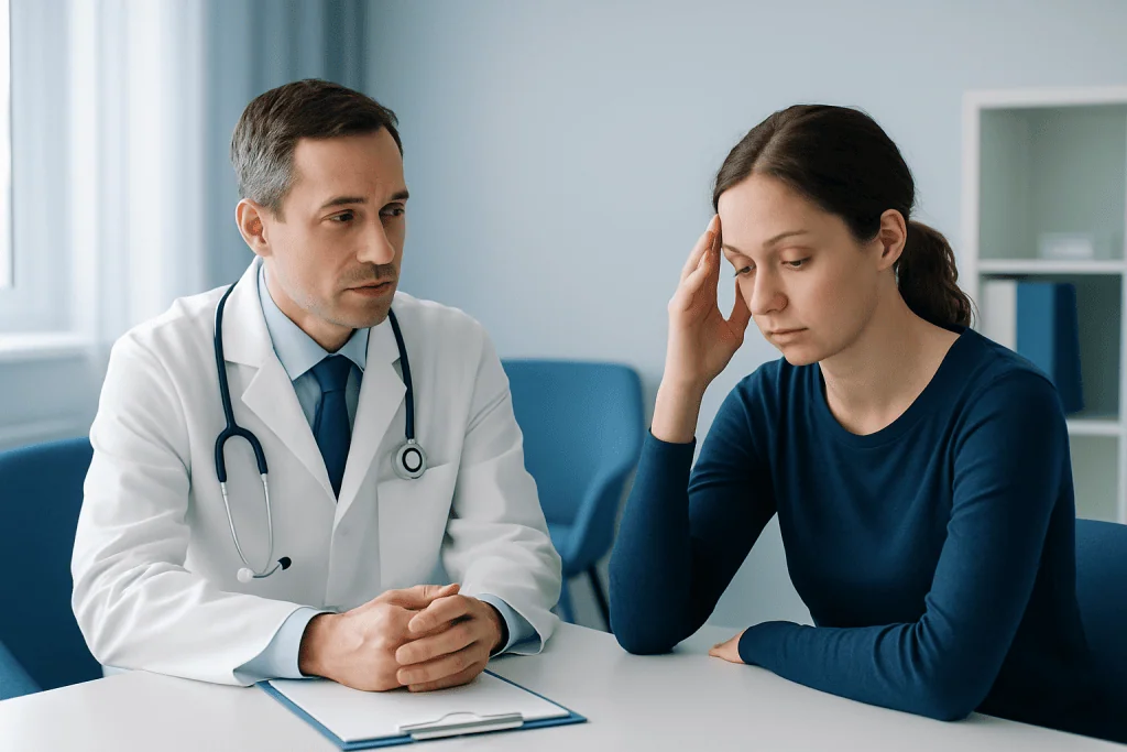 Doctor consulting with a young woman in a medical office.