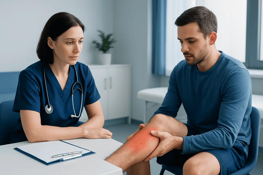 Doctor examining patient's injured calf in a medical consultation.