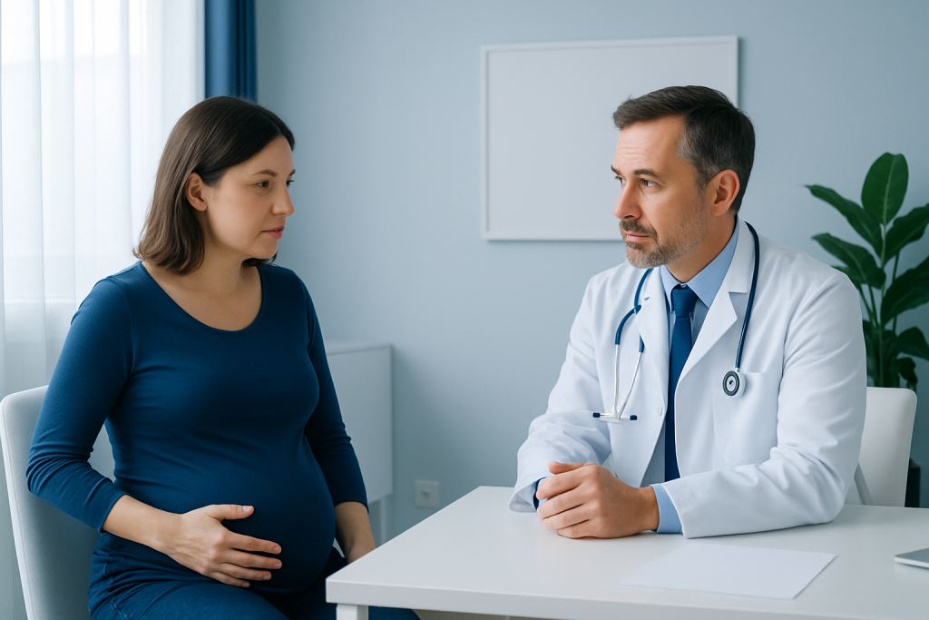 Pregnant woman consulting with a doctor in a medical office.
