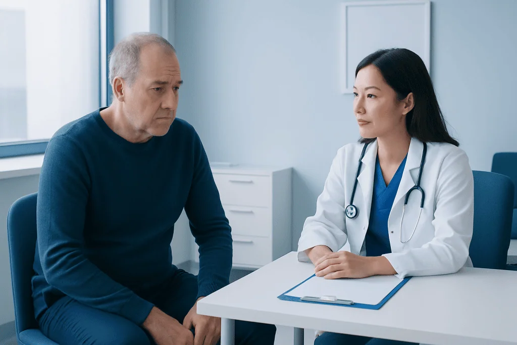 Doctor consulting with middle-aged male patient in a medical office.