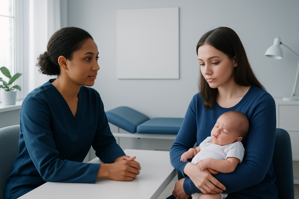 Mother and healthcare professional discussing a baby's health in a clinic.