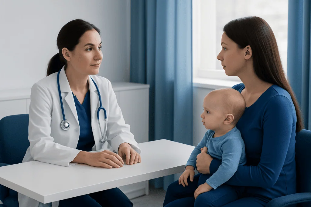 Doctor consulting with mother and child in a medical office.