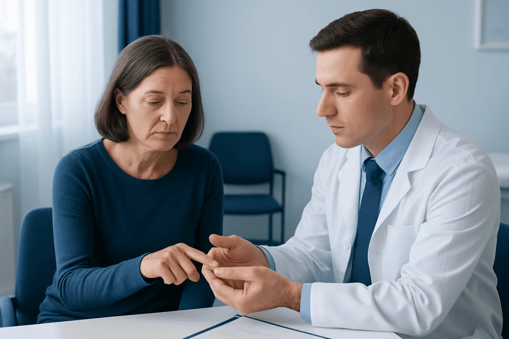 Doctor examining patient's finger for boutonniere deformity.