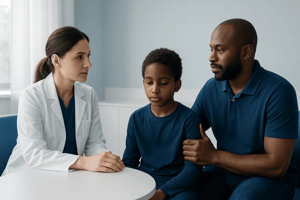Doctor consulting with a young boy and his father in a medical office.