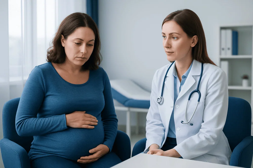 Pregnant woman consulting with a doctor in a medical office.