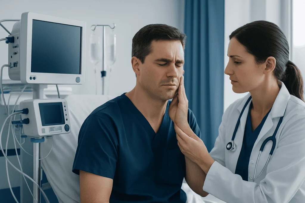 Doctor examines patient's jaw in hospital room with medical equipment.