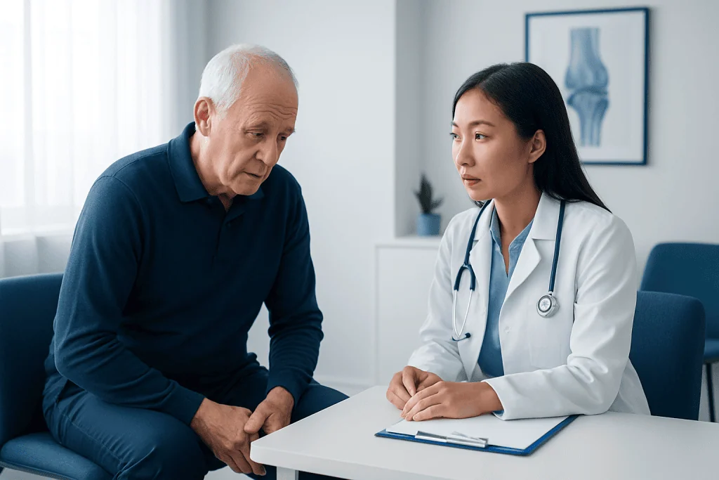 Doctor consulting with elderly patient in a medical office.