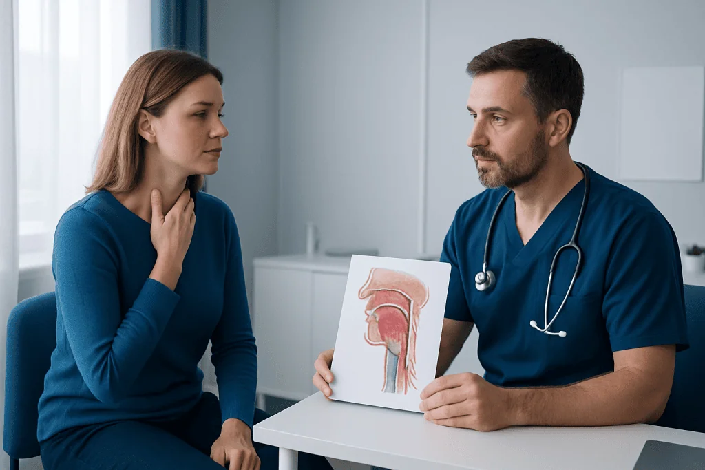 Doctor explaining subglottic stenosis to patient with throat diagram.