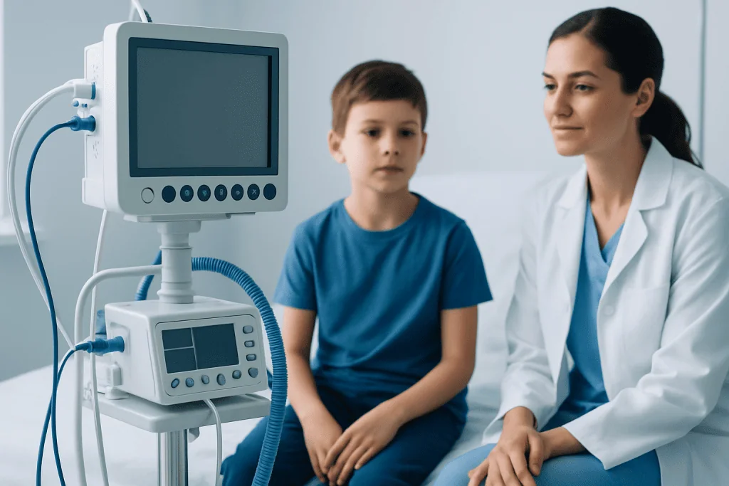 Pediatric doctor with young patient in hospital room with medical monitor.