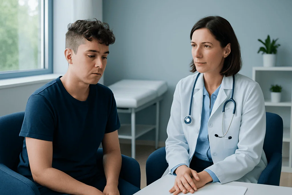 Doctor consulting with a young male patient in a medical office.
