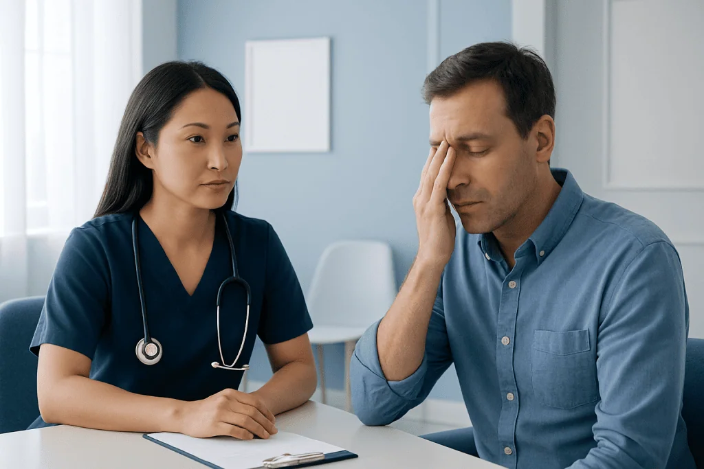Patient experiencing headache consults with doctor in clinic setting.