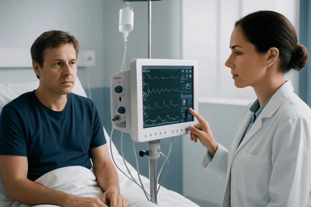 Doctor explains heart monitor readings to patient in hospital room.