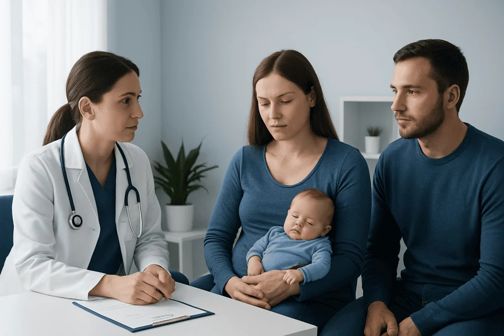 Doctor consulting with parents and baby in a medical office.