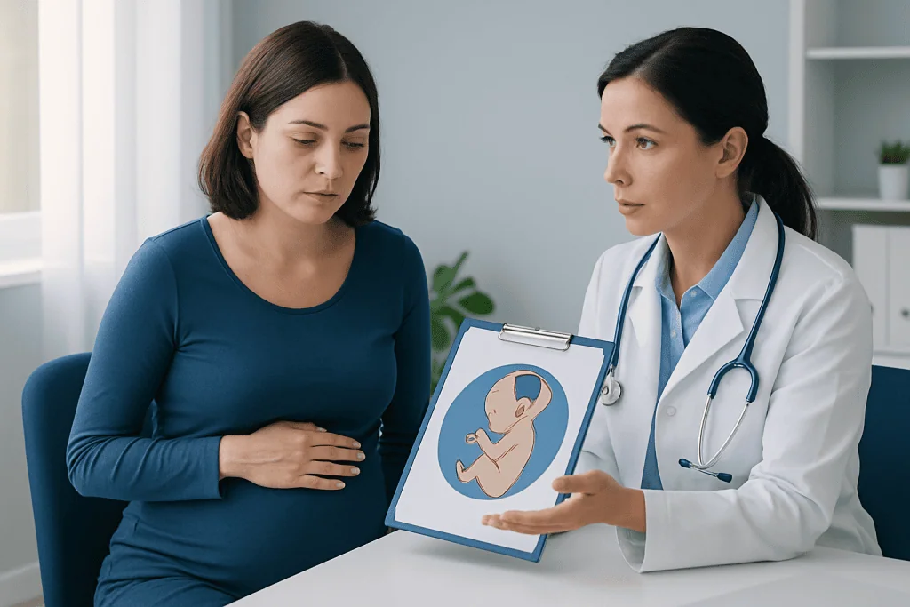 Doctor explaining fetal development to pregnant woman with an illustration.
