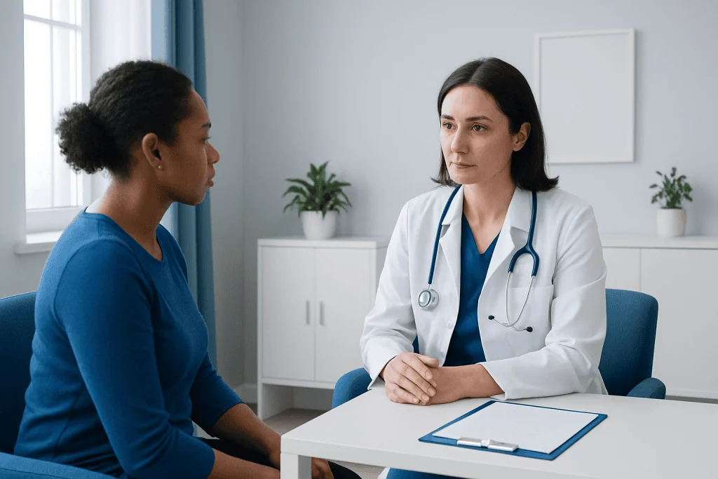 Doctor consulting with a patient in a medical office setting.