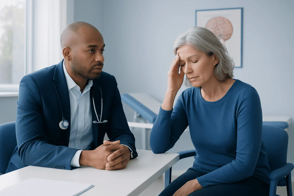 Doctor consulting with a worried female patient in a medical office.