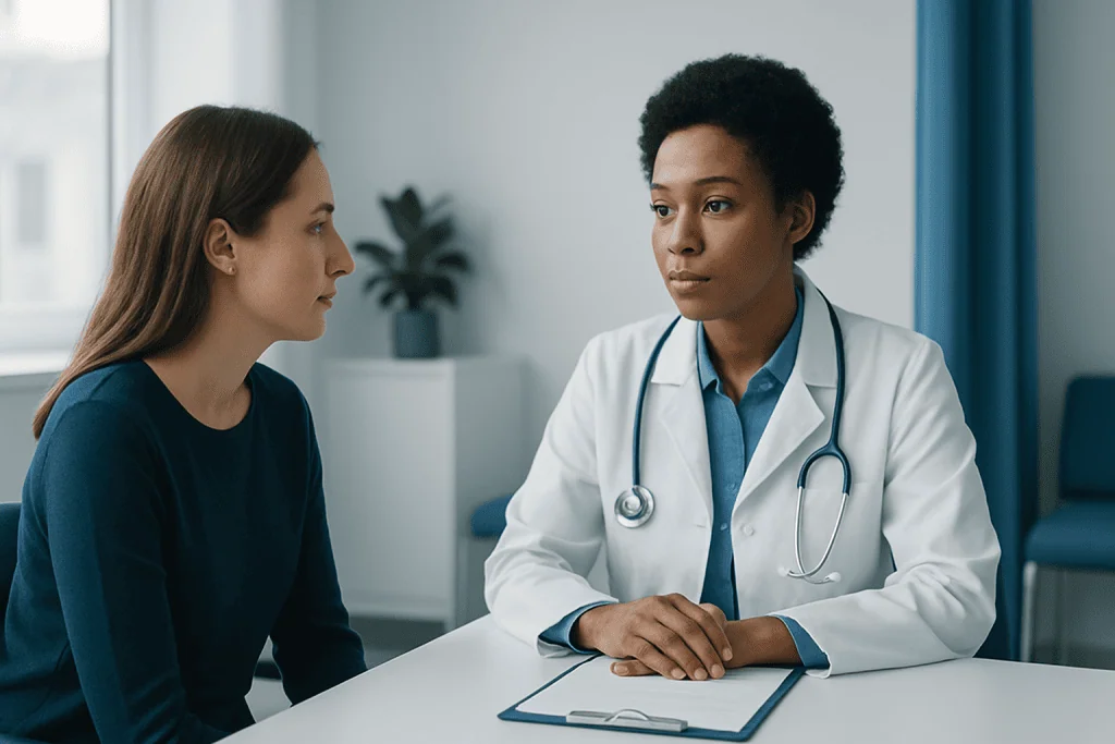 Doctor consulting with a patient in a medical office setting.