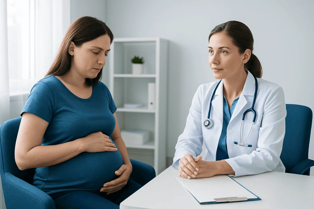 Pregnant woman consulting with a doctor in a medical office.