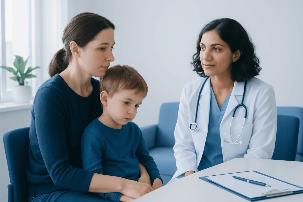 Doctor consulting with mother and child in a medical office.