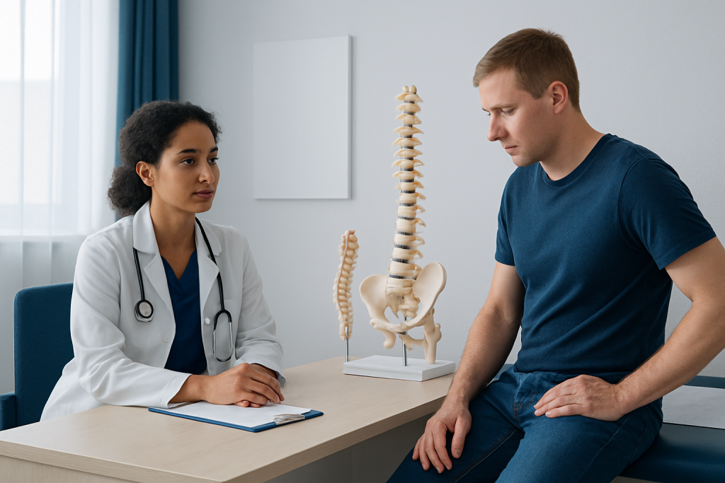 Doctor explaining spinal anatomy to patient in a medical consultation.