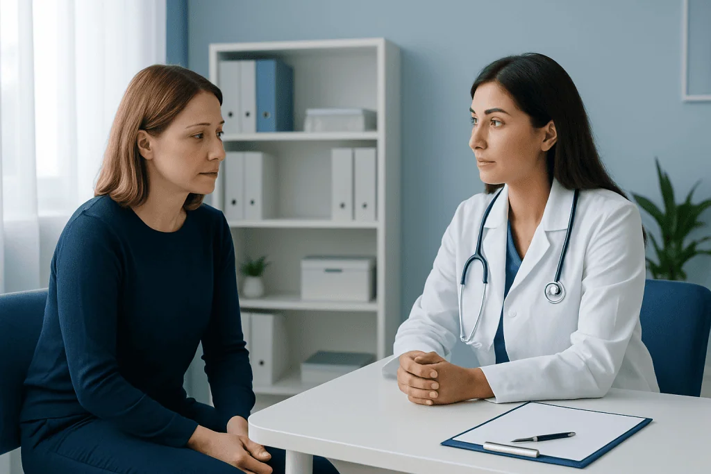 Doctor consulting with a patient in a medical office setting.