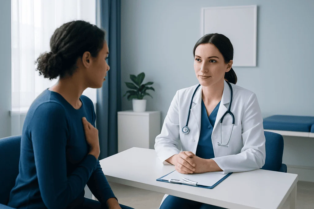 Doctor consulting with patient in a modern medical office.