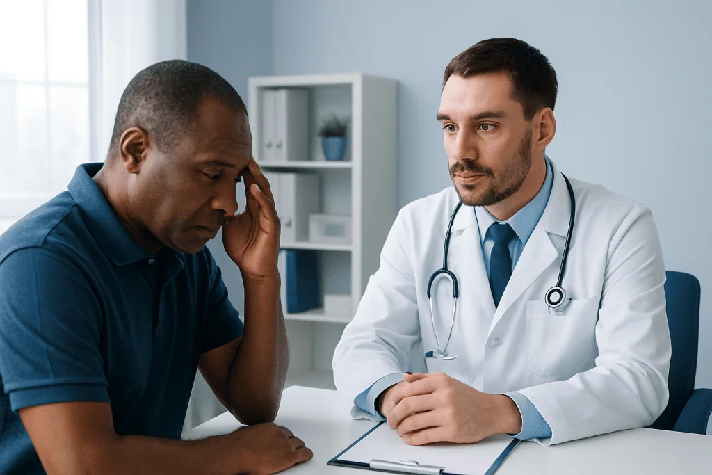 Doctor consulting with patient about health concerns in a medical office.
