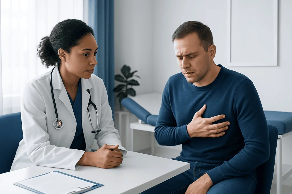 Doctor consulting with a patient experiencing chest pain in a hospital room.