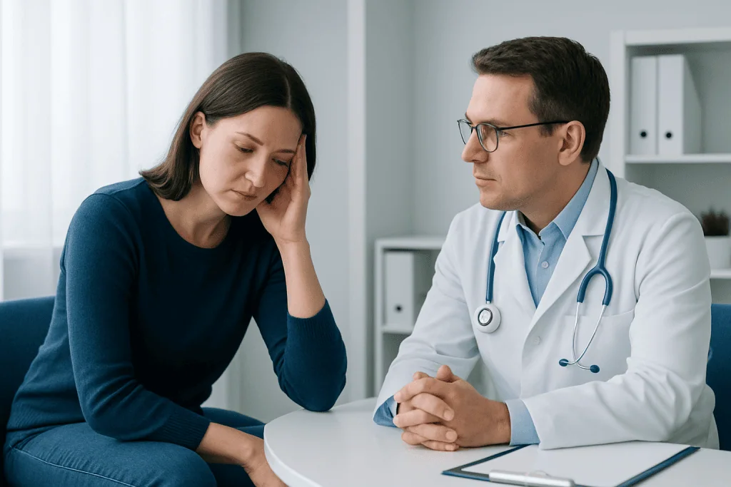 Doctor consulting with a woman about health concerns in a medical office.