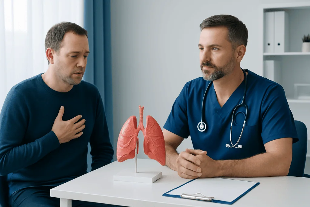 Doctor explaining lung health to patient with lung model in clinic.