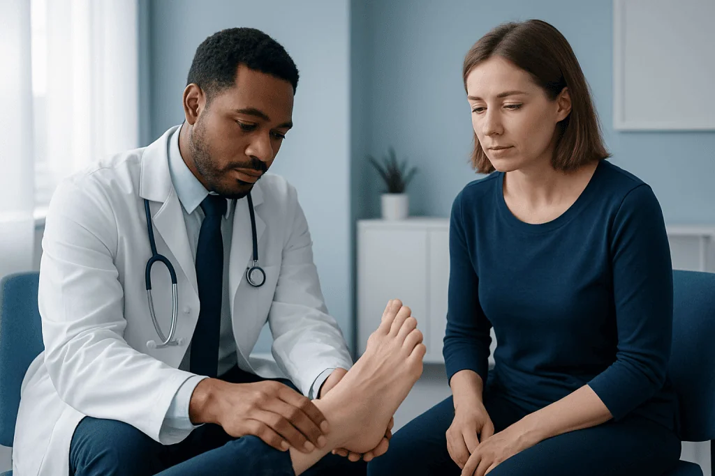 Doctor examining patient's foot in a medical consultation setting.