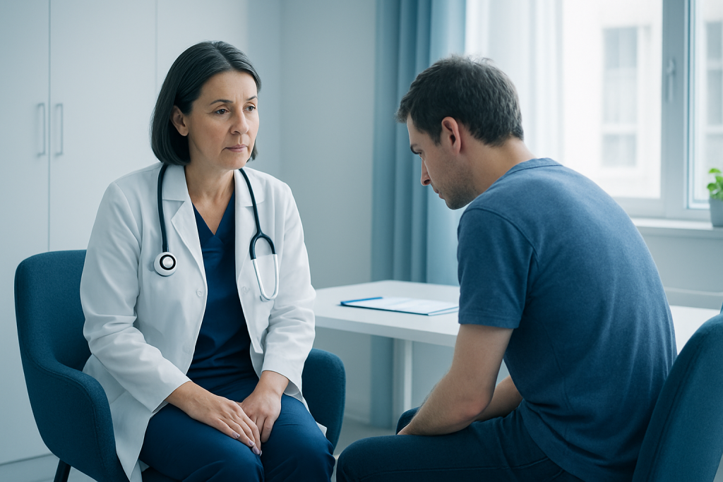 Doctor consulting with patient in a medical office setting.