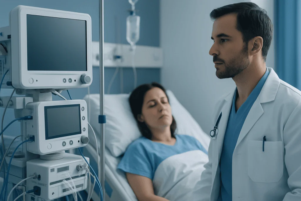 Doctor consulting patient in hospital room with medical monitors.