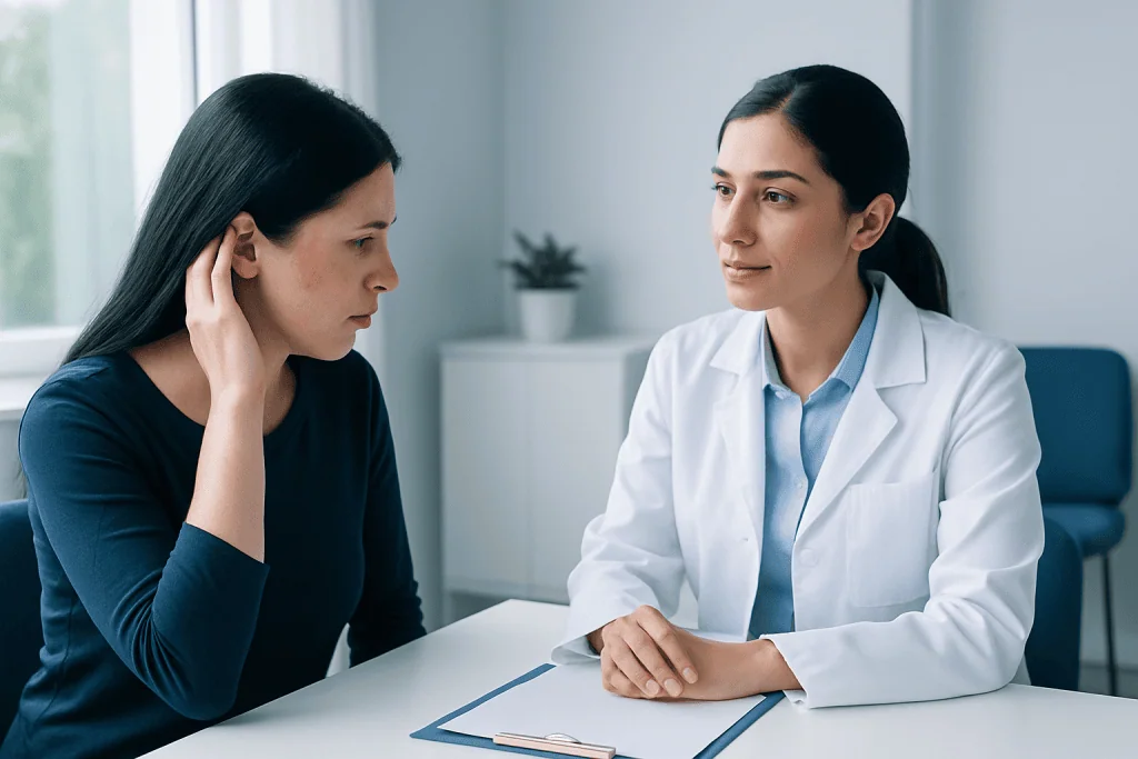 Doctor consulting with a patient about hair health in a clinic setting.